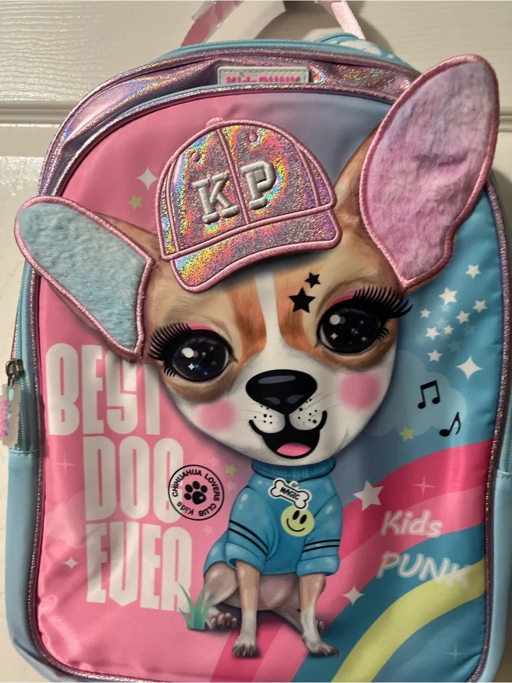 KidsPUNK Chimola Best Dog Ever Chihuahua Backpack glitter cap 3D plush ears sz L